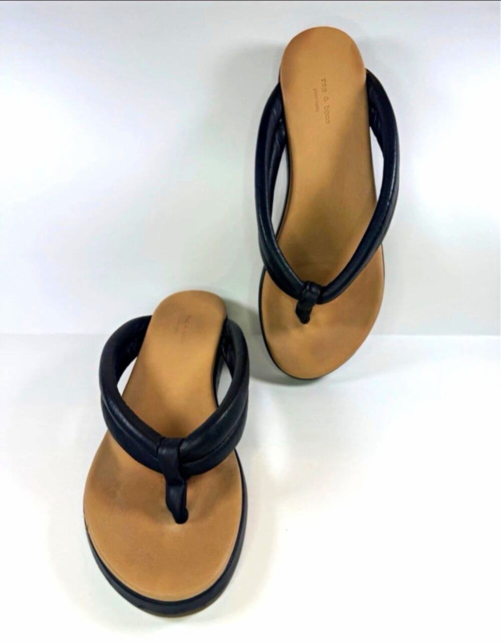 rag & bone Black Leather Thong Slip-On Flat Sandals w/ Logo Women's US 9
